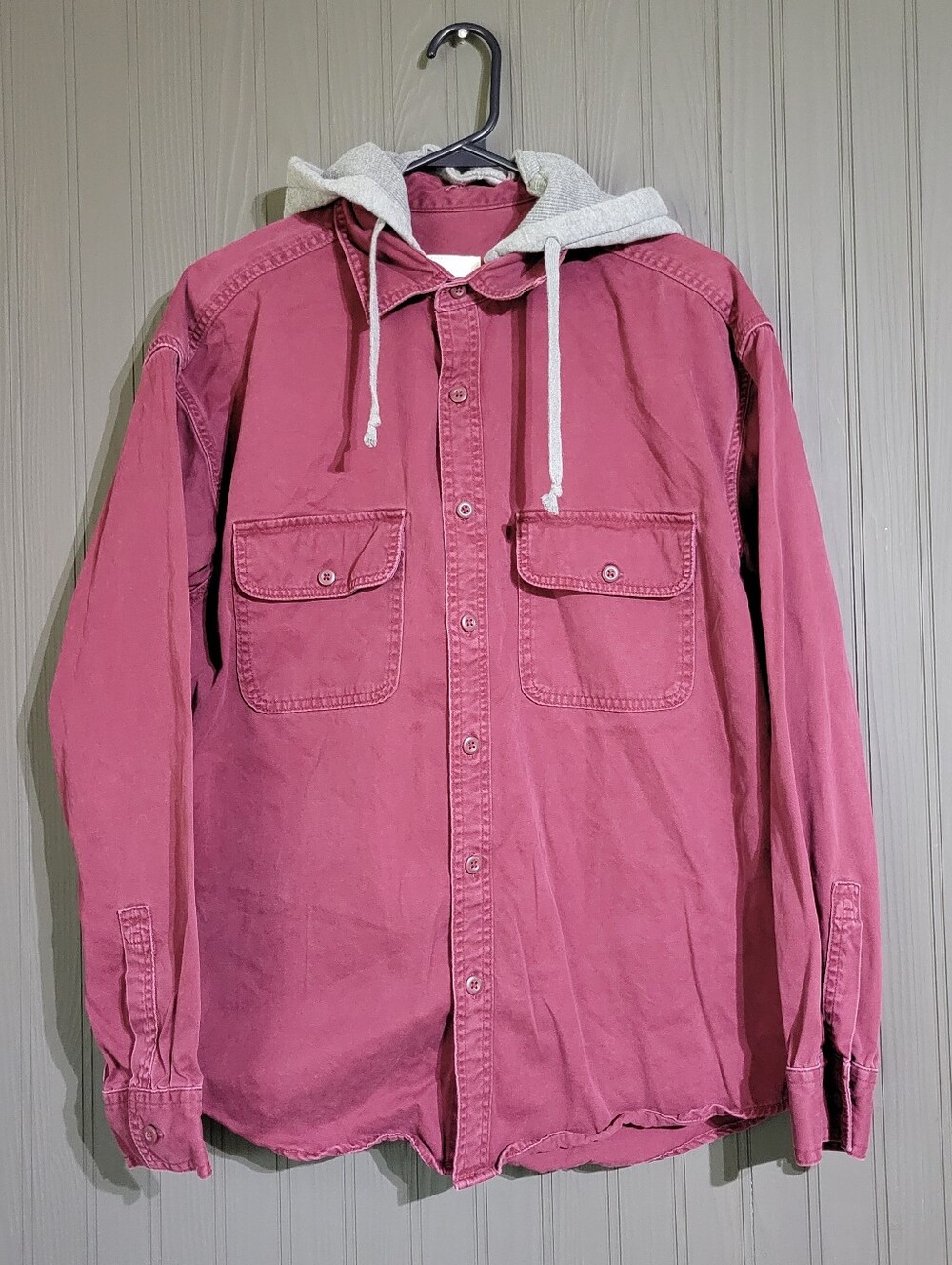 American Eagle Long Sleeve Button Down Shirt Removable Hood Red Men's Medium